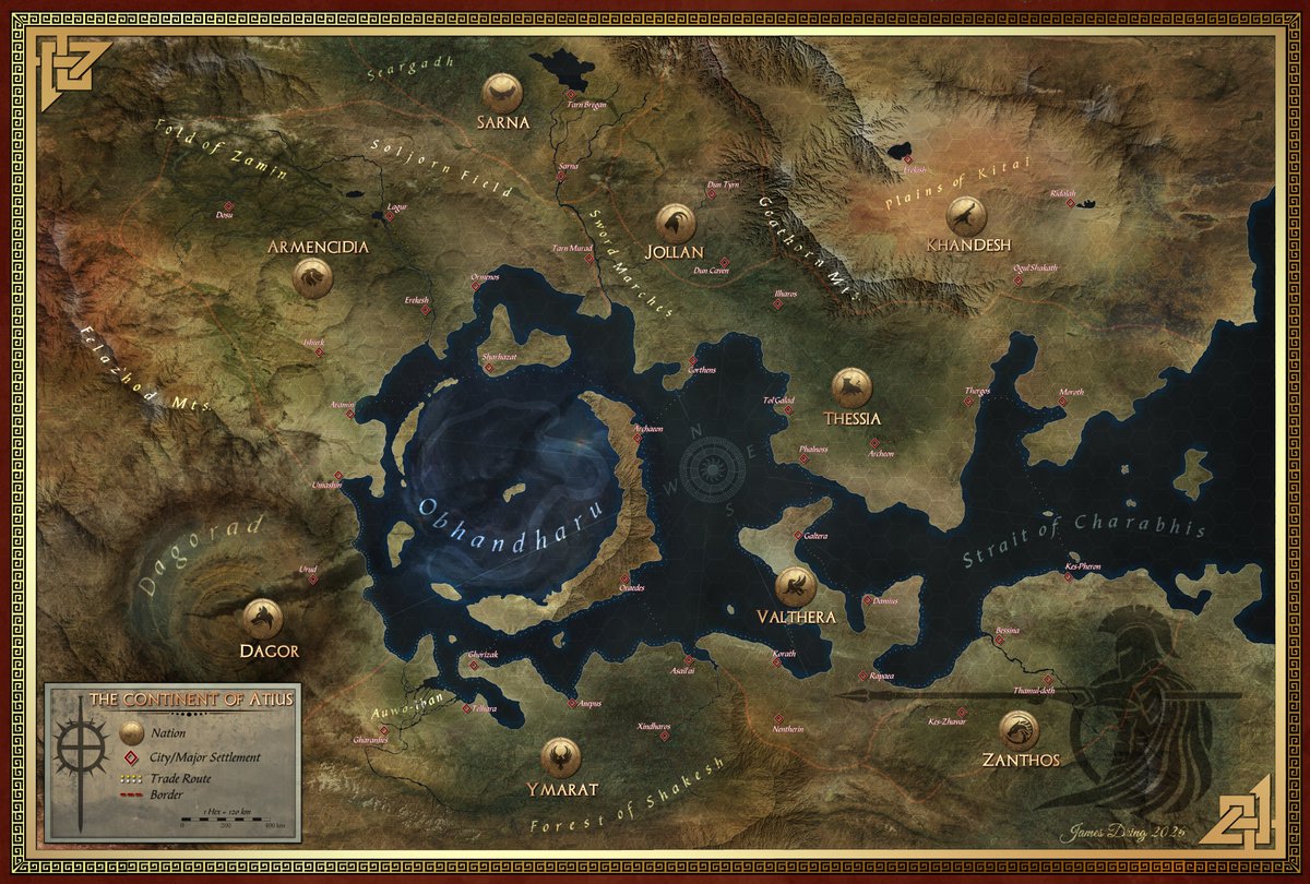 JDCartography's tweet image. Finished the map of the continent of Atius where I am setting the novel I am writing. Took tons of edits and revisions, but finally satisfied with this. #fantasy #worldbuilding #rpg #ttrpg #mapping #cartography
