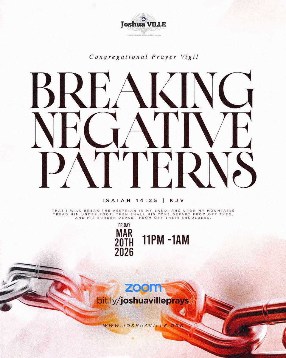 myjoshuaville's tweet image. Happening now #CongregationalVigil

Join us at the congregational prayer vigil as we stand on the authority of God’s word to see burdens lifted and negative cycles broken.

🕚 11PM – 1AM (WAT)
📍 Zoom (bit.ly/joshuavillepra…)

#MyJoshuaVille
#YearOfDominion