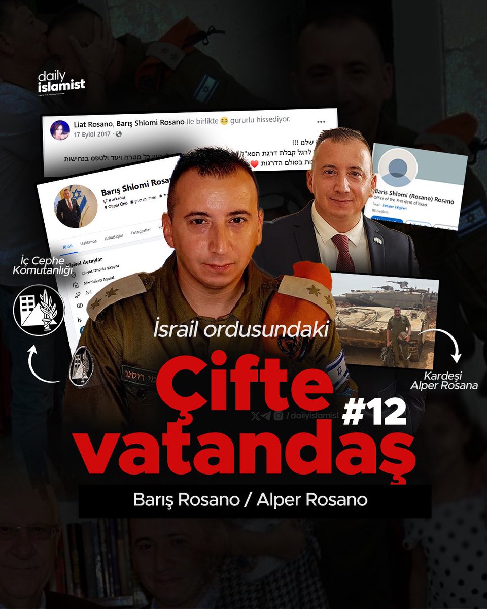 🔴 İsrail ordusundaki  siyonistler tek tek açıklanıyor. 

Barış ve Alper Rosano kardeşler.

Açık kaynaklardan elde edilen verilere göre; İsrail İç Cephe Komutanlığı'nda üst düzey komutanlık yaptığı tespit edilen Barış Shlomi Rosana, şu an İsrail Cumhurbaşkanlığı Güvenlik Kontrol