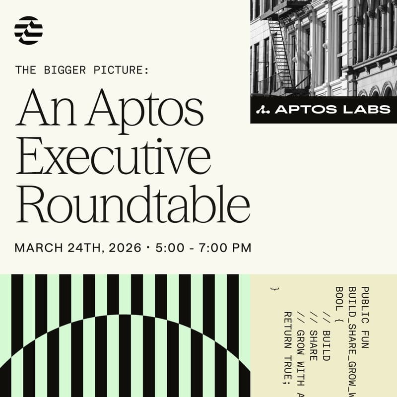 AptosLabs's tweet photo. The best way to see the big picture? Zoom in.

At this private event during DAS 2026, Aptos Labs &amp; Aptos Foundation unpack shared ecosystem priorities—AI, data, the future of money movement.

From Digital Asset Summit NYC to Real World Aptos.

March 24 | 5-7PM ET | Aptos Labs HQ https://t.co/G5Qib1JmFi