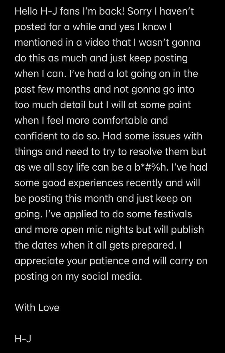 TheOfficialHJ's tweet photo. Hello H-J Fans! #HelloHJFans #PleaseRead #ToMyFans #MyFans #ResolvingIssues #WillTakeTime #DifficultTimes #WillBePostingAgain #MoreOpenMic #MightPerformAtFestivals #KeepingStrong https://t.co/nNpV0mDD2Y