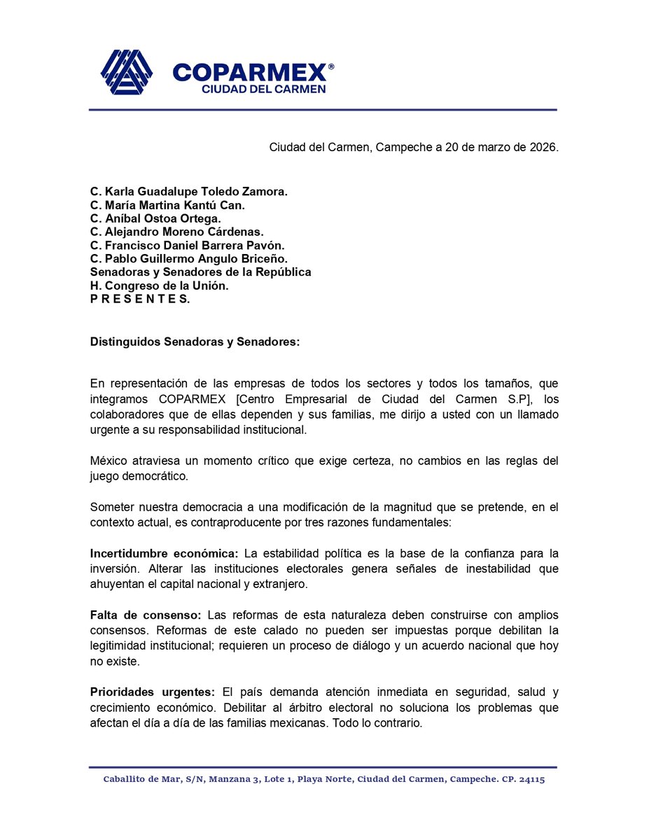 COPARMEXCARMEN's tweet photo. Senador
@DanielBarredaP 
La mejor #ReformaElectoral es que no haya reforma electoral. Empresas, colaboradores y miles de familias necesitan seguridad, certeza jurídica para la inversión y enfoque en las verdaderas prioridades del país. #PlanB
@Coparmex
@jsierraalvarez
@senado https://t.co/YtbvtqzBbT