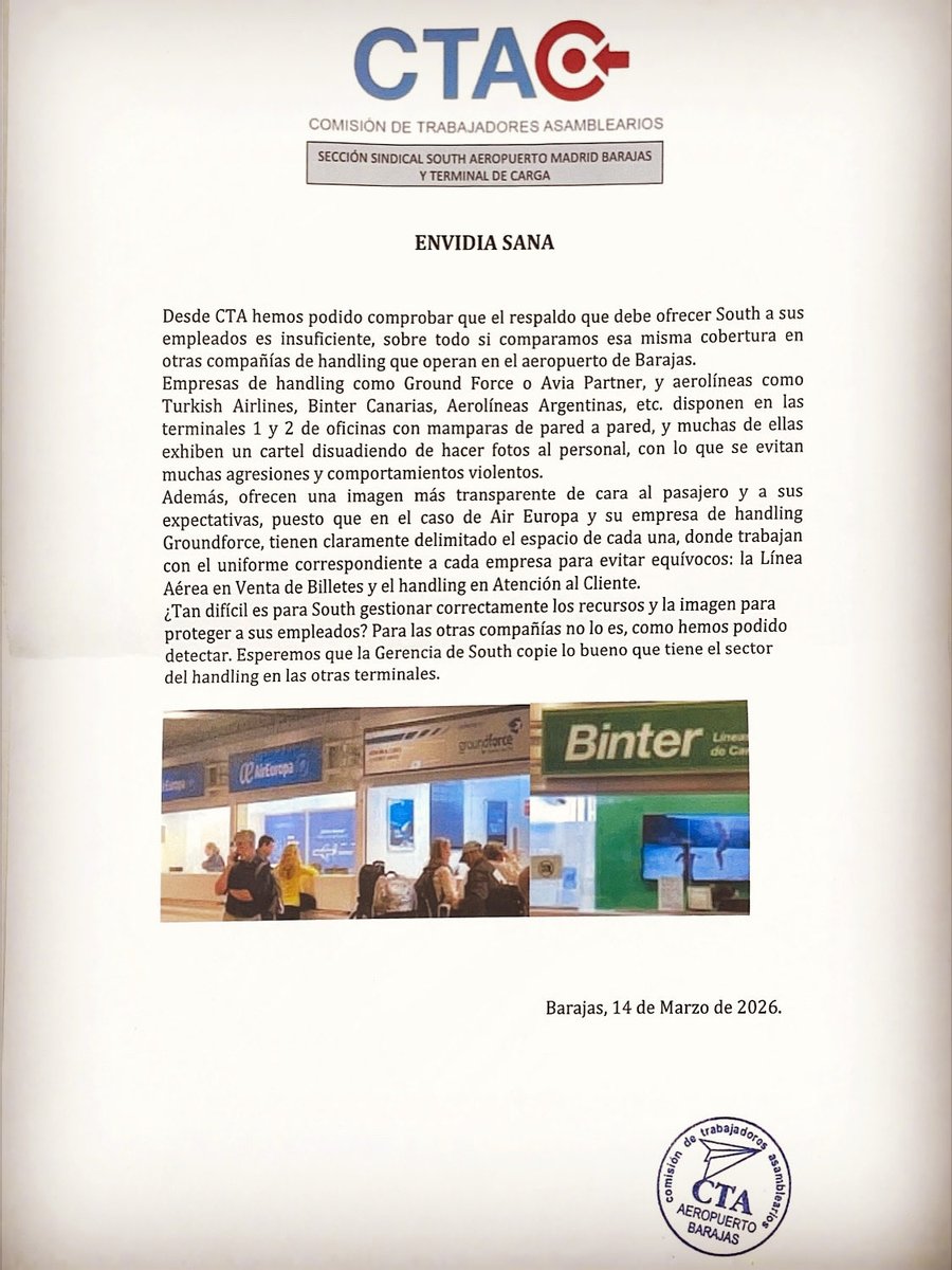 De nuevo son otras compañías como GROUND FORCE, AVIA PARTNER O TURKISH AIRLINES entre otras, las que “SÍ PROTEGEN”  a sus trabajadores y sus derechos en su espacio de trabajo en el aeropuerto. 😯¿Envidia sana o solo es saber gestionar los recursos correctamente? 😤😤