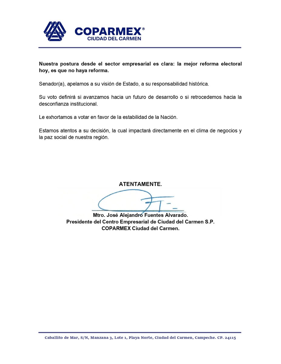 Senador
<a href="/alitomorenoc/">Alejandro Moreno</a> 
La mejor #ReformaElectoral es que no haya reforma electoral. Empresas, colaboradores y miles de familias necesitan seguridad, certeza jurídica para la inversión y enfoque en las verdaderas prioridades del país. #PlanB
<a href="/Coparmex/">Coparmex Nacional</a>
<a href="/jsierraalvarez/">Juan José Sierra</a>
<a href="/senado/">Senado</a>