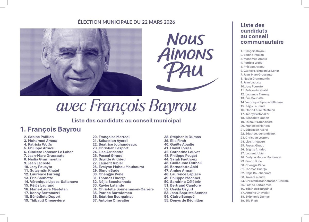 Dimanche pour ne pas revenir en arrière et pour faire de Pau une ville unique à vivre, votons « Nous Aimons Pau », la liste menée par françois <a href="/bayrou/">François Bayrou</a>.