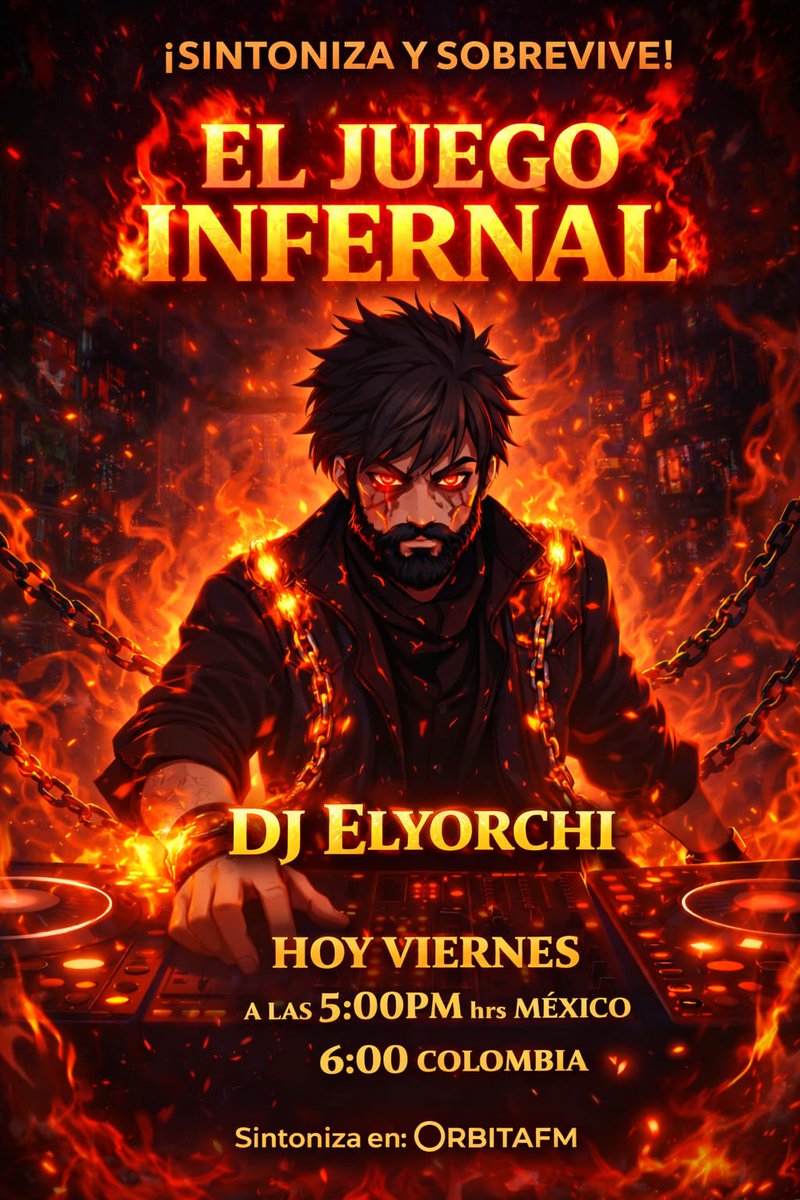 Orbitafm_hb's tweet photo. 🔥💀 EL JUEGO INFERNAL 💀🔥

🎧 DJ ELYORCHI toma el control…
¿Estás listo para sobrevivir? 😈

📅 HOY VIERNES
⏰ 5:00 PM 🇲🇽 | 6:00 PM 🇨🇴

📻 Sintoniza en ORBITAFM

⚠️ No es solo música…
🔥 ES UNA EXPERIENCIA 🔥

#ORBITAFM #DJELYORCHI #ElJuegoInfernal #Radio #EnVivo #DJSet https://t.co/1GPkbIpuwu