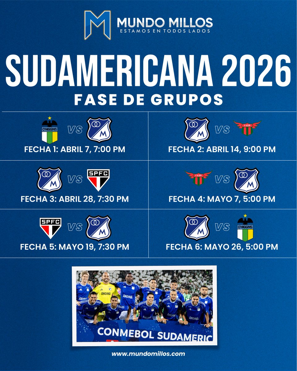 #OFICIAL CALENDARIO CONFIRMADO DE MILLONARIOS EN LA SUDAMERICANA

Todos los horarios corresponden a hora de Colombia

#EstamosEnTodosLados