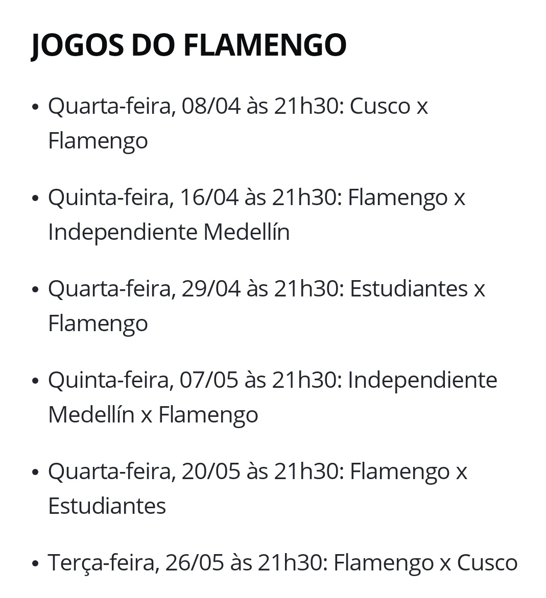Datas e horários dos jogos do Flamengo na 1a fase da Libertadores