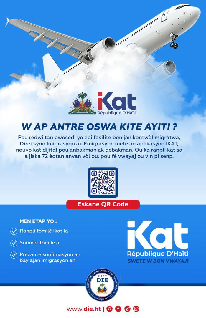 ayitianavannews's tweet image. 🇭🇹 Daprè @DIEHaiti, sistèm IKAT disponib nan tout pò ak ayewopò yo, epi li aksesib an kreyòl, franse, panyòl ak anglè pou fasilite pwosedi vwayajè yo. Avèk kat lang sa yo, objektif la se senplifye demach yo epi amelyore eksperyans vwayaj la. #IKAT #Aéroport #ayitianavannews