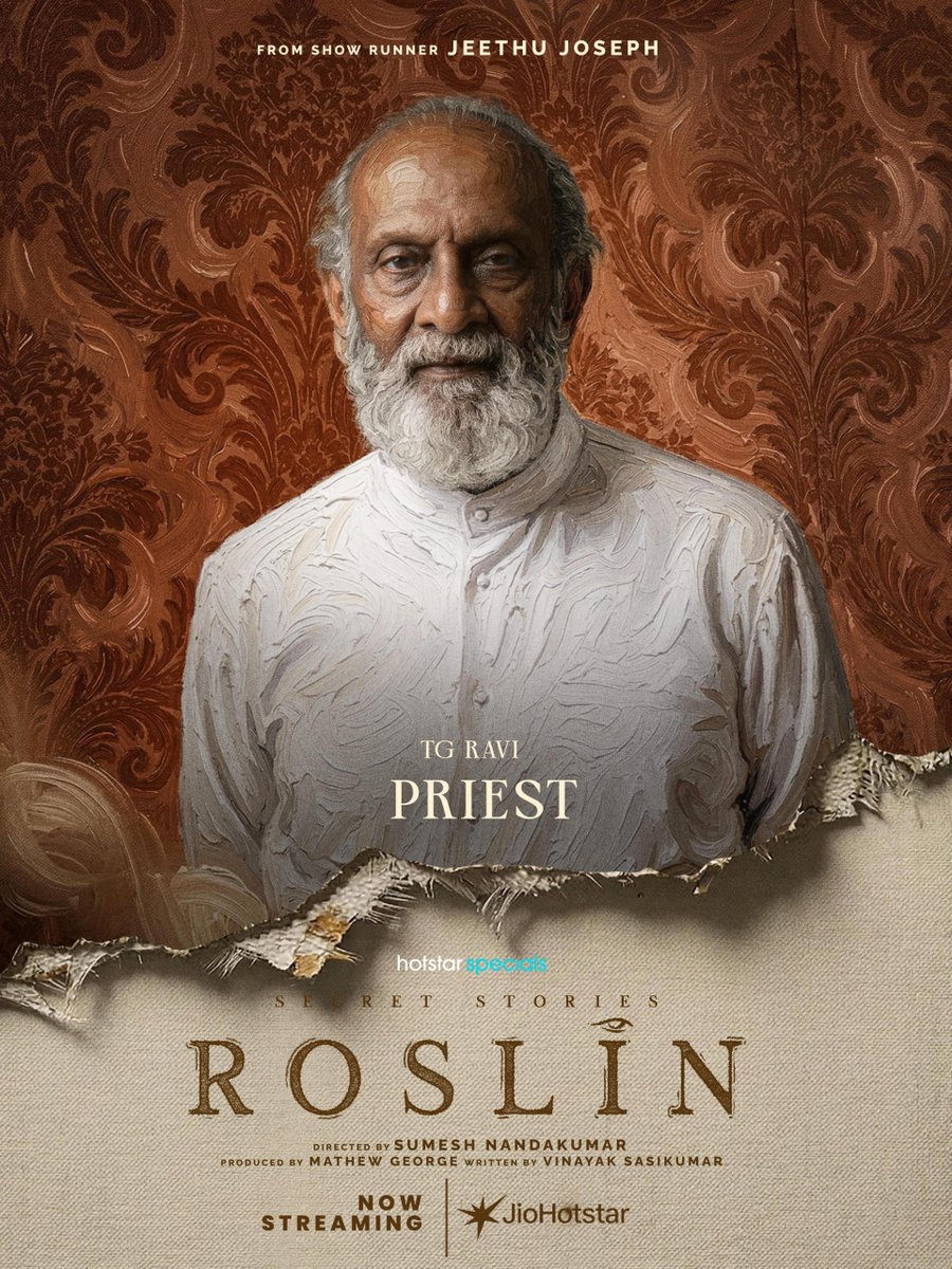 JioHotstarMal's tweet image. Introducing T. G. Ravi as Priest in Secret stories: Roslin, streaming exclusively on JioHotstar.

@jeethu4ever @ActressMeena_ 

#HotstarSpecials #Roslin #Webseries #Thriller #Drama #JioHotstar #JioHotstarMalayalam #NowStreaming