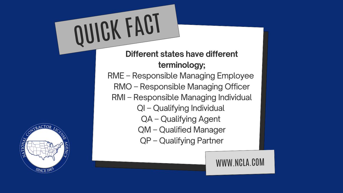 License_Agency's tweet image. ✨ #FactFriday ✨ - A Qualifying Individual (QI) is the person who passes the required contractor exams—and every state uses different titles like RME, RMO, or Qualifier. Same role, different names. ✔️
#QuickFact #NCLA #QI #Construction #Licensing