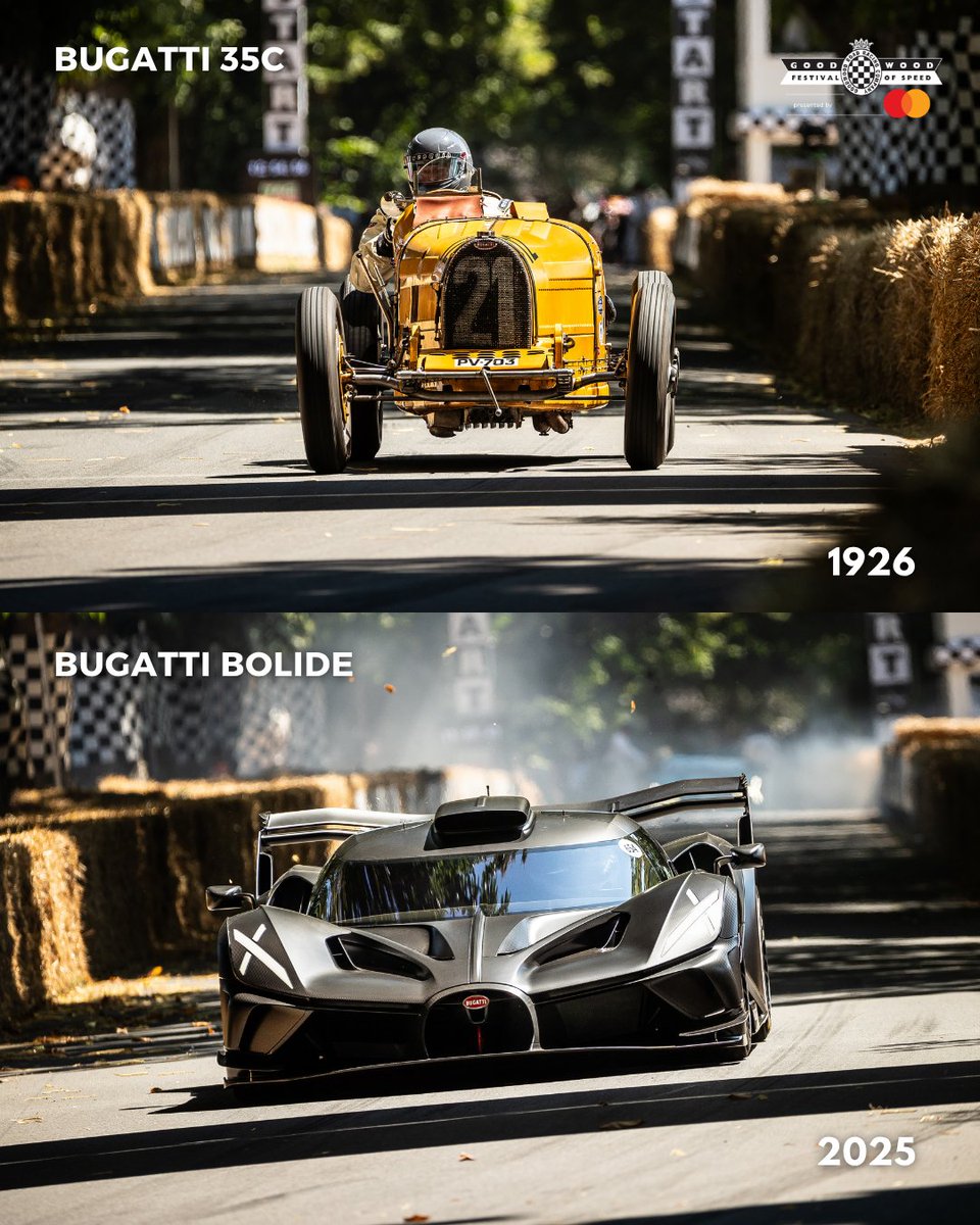 fosgoodwood's tweet image. Two brilliant French machines, nearly a century apart. One is fitted with a 2.0-litre engine exuding 128PS and the other with an 8.0-litre W16 with a power output of 1,852PS. #FOS celebrates all eras of cars and motorsport each year and these two #Bugattis shared the Hill back in