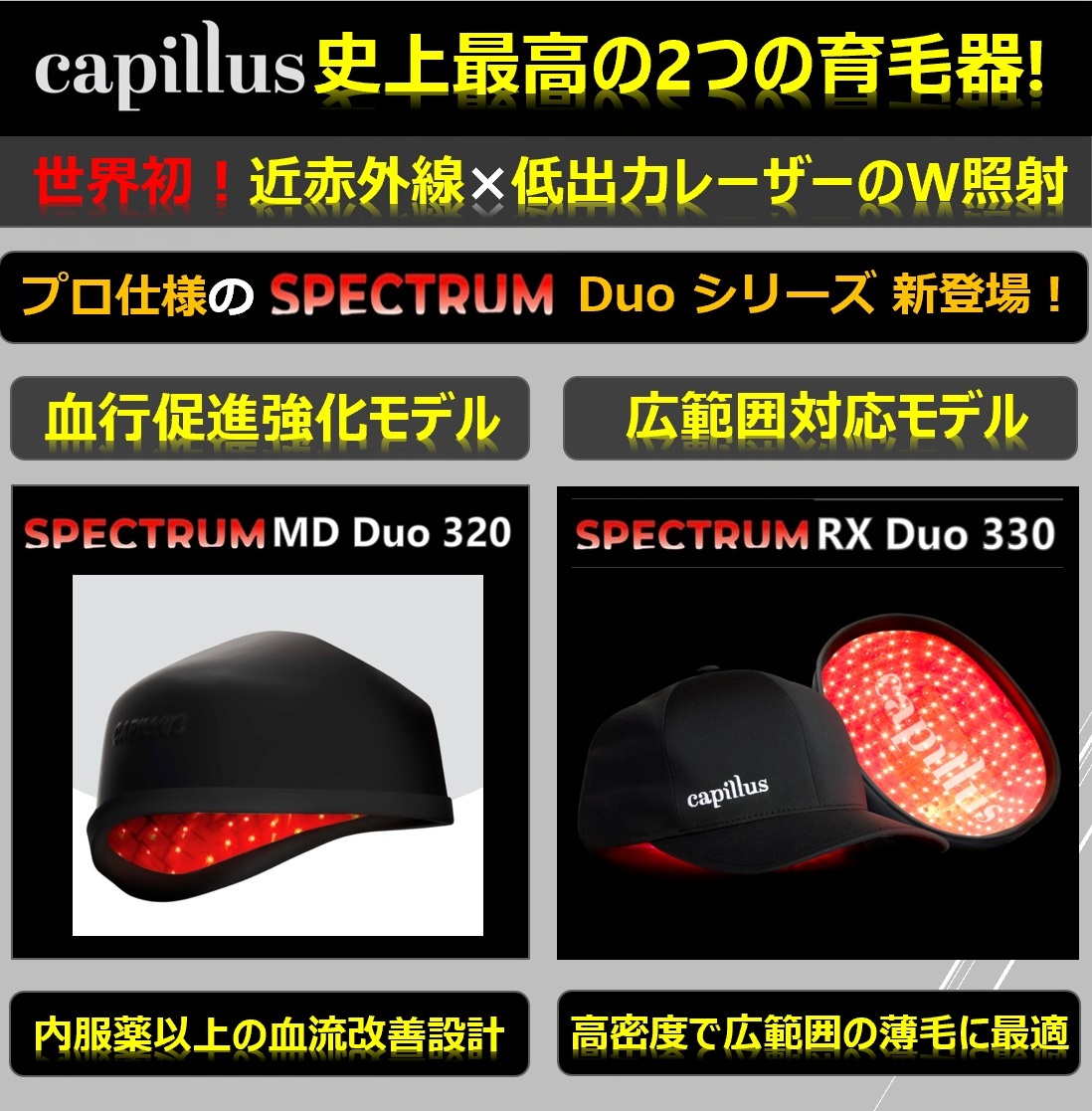 CapillusJapan's tweet photo. 新発売！Capillus RX Duo 330のご紹介｜
 https://t.co/8FGKzEwOGG 
 広範囲の薄毛に新選択】
前頭部〜頭頂部まで広がる薄毛に対応
「Capillus RX Duo 330」が新登場。
✔ 業界最多330レーザー
✔ 高密度×広範囲照射
✔ 側面レーザーで血行促進にも配慮

薄毛治療 #育毛 #発毛 #AGA対策 #Capillusjapan https://t.co/npUs00MyXU
