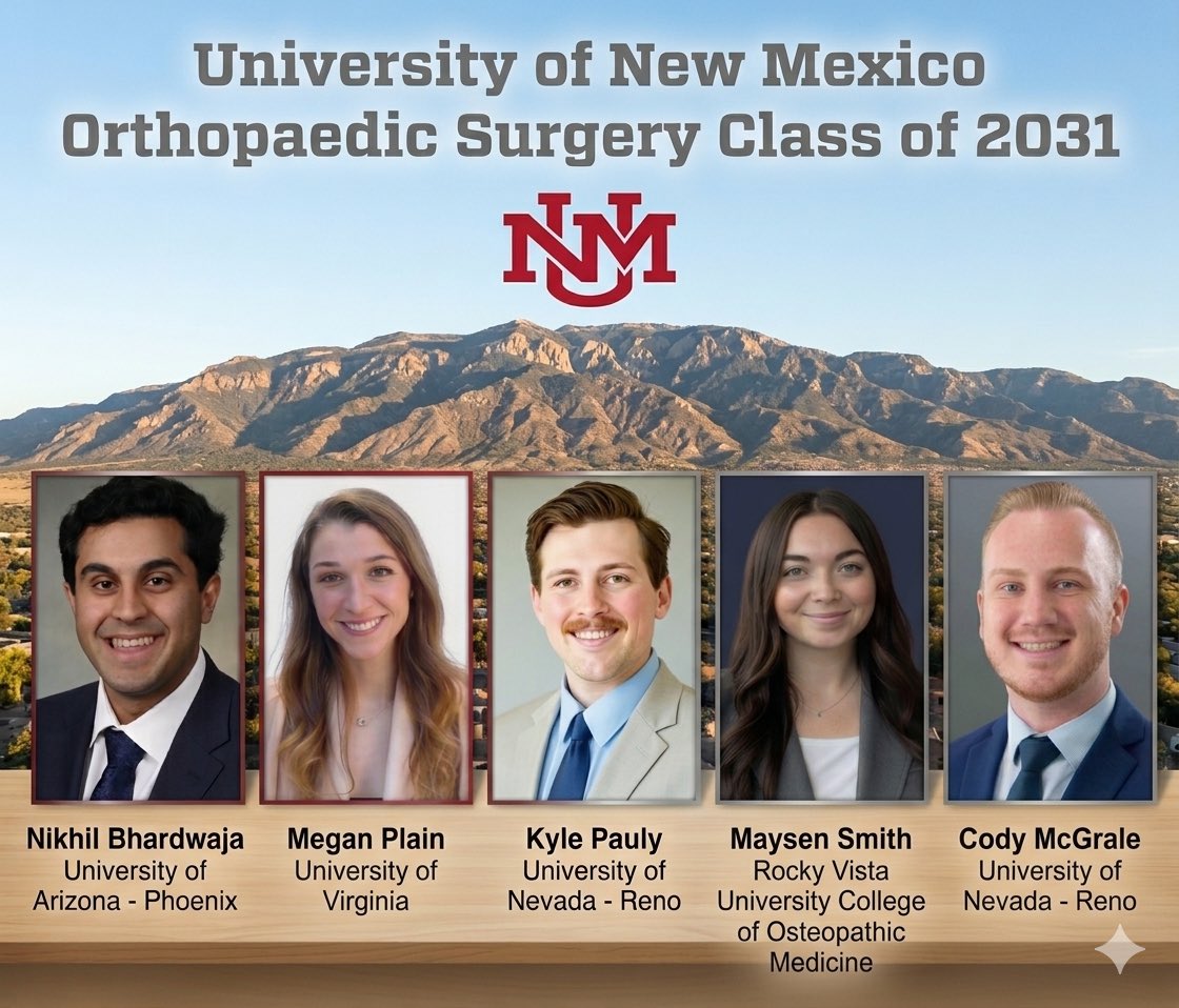 UNMOrthopaedics's tweet photo. Congratulations to our new orthopedic surgery residents! We are excited for you to join the UNM family #matchday2026 #orthomatch https://t.co/biMIktscgm