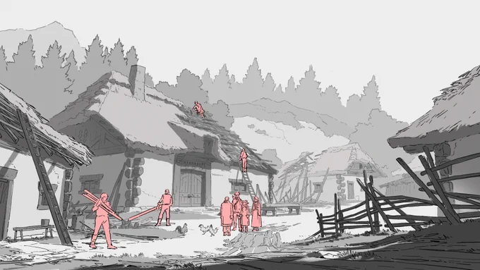 37話のドラッヘ地方の村は竜の襲撃から村を守るために丸太の壁で村を囲っています竜の巣のアイデアはハイキングで冬の凍った滝を見に行った時に森の中にぽっかり空いたすり鉢状の谷の中に滝があり見上げると空に沢山の鷲が旋回していてここに住んでいて居心地がいいのかなって思ったんです #frieren
