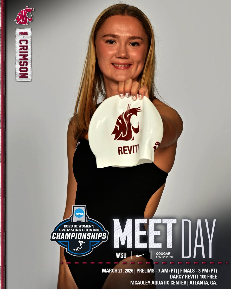 wsucougarswim's tweet photo. 𝙈𝙀𝙀𝙏 𝘿𝘼𝙔 𝙖𝙩 𝙩𝙝𝙚 𝙉𝘾𝘼𝘼 𝘾𝙝𝙖𝙢𝙥𝙞𝙤𝙣𝙨𝙝𝙞𝙥𝙨!  

Darcy Revitt swims in the 100 Free today in Atlanta!

Prelims - 7 am (PT) | Finals - 3 pm (PT)  
LIVE RESULTS | https://t.co/HU5iXCXogo
WATCH | ESPN+ | https://t.co/Xmia0n3w0P

#GoCougs | #MadeOfCrimson https://t.co/QOvGV0qHHh