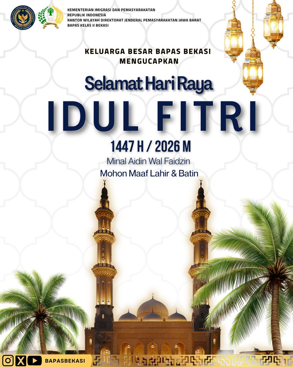 BapasBekasi's tweet image. Keluarga Besar Bapas Bekasi mengucapkan Selamat Hari Raya Idul Fitri 1447 H/2026 Masehi. Minal aidzin wal faidzin. Mohon maaf lahir&amp;amp;batin.

#KEMENIMIPAS
#GUARDANDGUIDE
#DITJENPAS
#PEMASYARAKATAN
#BAPASBEKASI