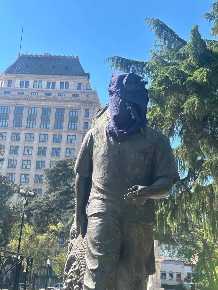 916times's tweet image. The Cesar Chavez statue in Cesar Chavez Plaza was covered up today by City of Sacramento workers.  Who else do you think should be cancelled next? #sacramento #california #cesarchavez