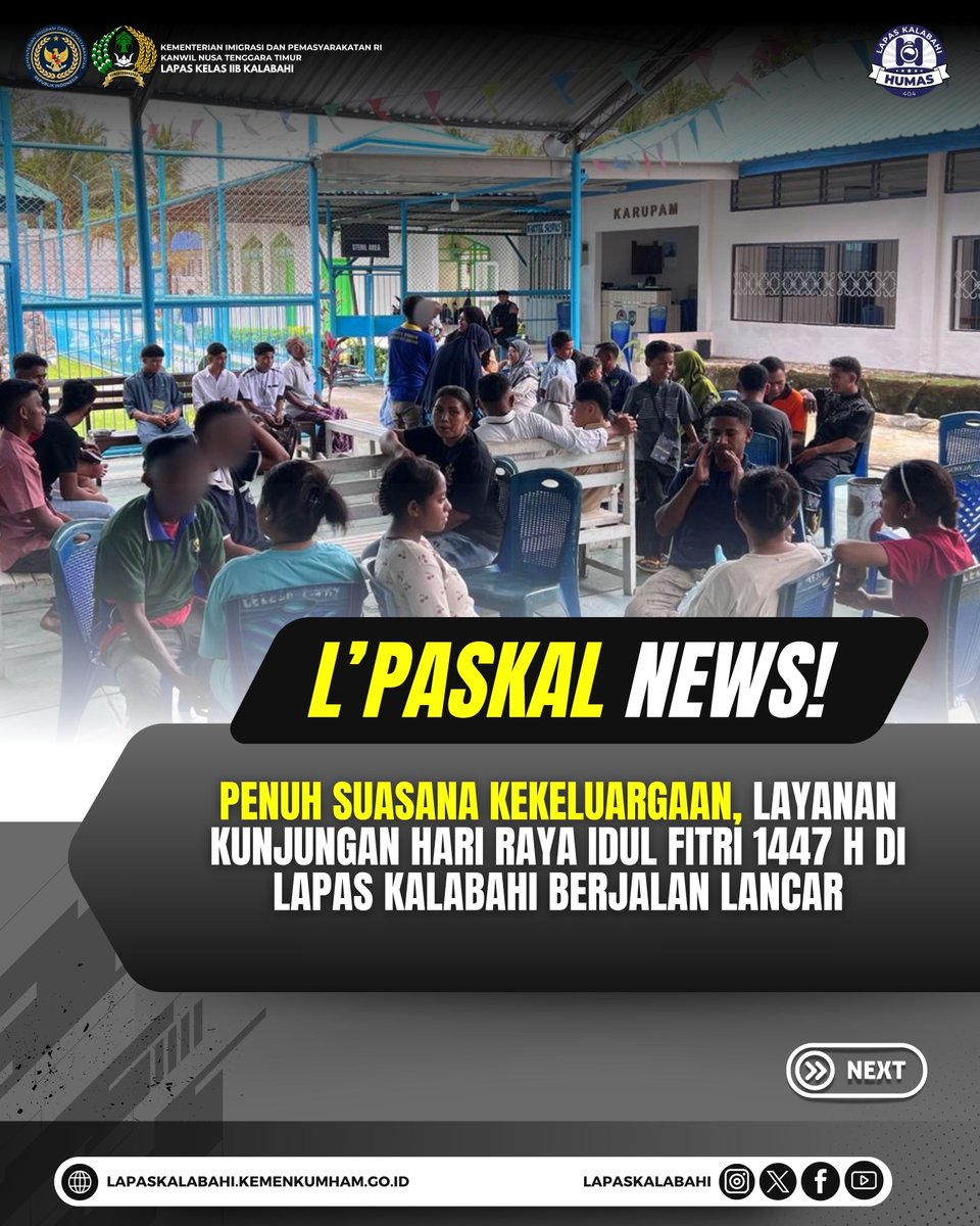 LapasKalabahi's tweet image. Penuh Suasana Kekeluargaan, Layanan Kunjungan Hari Raya Idul Fitri 1447 H di Lapas Kalabahi Berjalan Lancar

Selengkapnya:
lapaskalabahi18.blogspot.com/2026/03/penuh-…

#LapasKalabahi
#Kemenimipas
#AlwaysTheBest
~ KanwilDitjenpasNTT