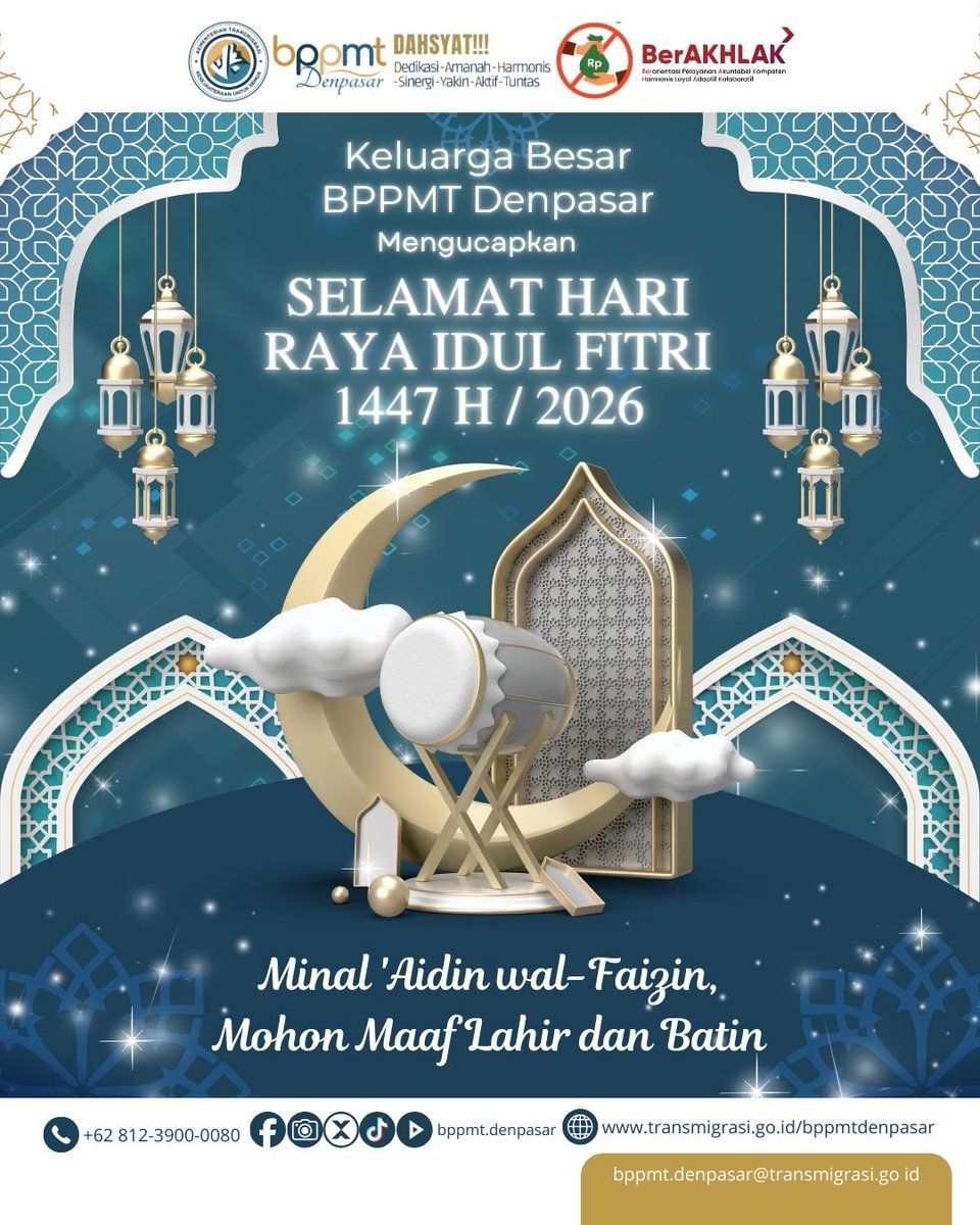 Saatnya kembali ke fitrah, menyucikan hati, dan mempererat silaturahmi.
Di hari yang penuh berkah ini, Keluarga Besar BPPMT Denpasar mengucapkan:

Taqabbalallahu Minna Wa Minkum, Mohon Maaf Lahir dan Batin. 

#IdulFitri1447H #BPPMTDenpasar #MinalAidinWalFaizin #Lebaran2026