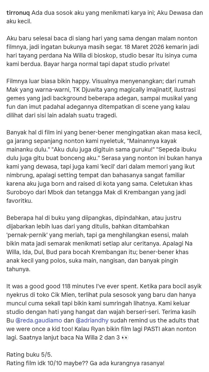 tiaratirro's tweet photo. Sekelebat review tentang film dan buku Na Willa. Belum pernah nonton film yg sparknya masih kerasa sampai beberapa hari setelahnya. Apakah aku buzzer Na Willa sekarang??? Terima kasih sajian lebarannya @Adriandhy! https://t.co/val9Bc8AbA