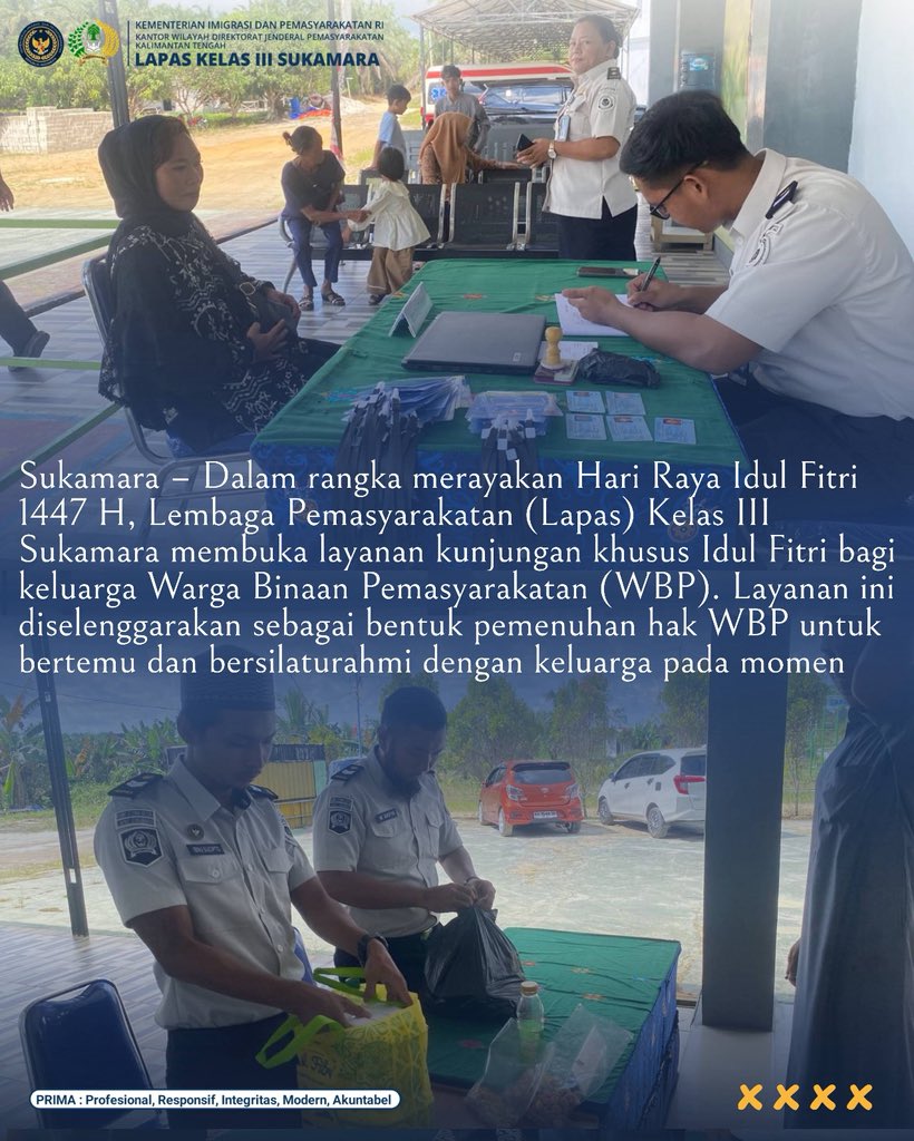 lapassukamara's tweet image. Lapas Sukamara Buka Layanan Kunjungan Idul Fitri bagi Warga Binaan Pemasyarakatan

#kemenimipas
#lapassukamara
#kabarlakara
#Ditjenpas
#pemasyarakatan

Kontributor: Humas Lapas Sukamara