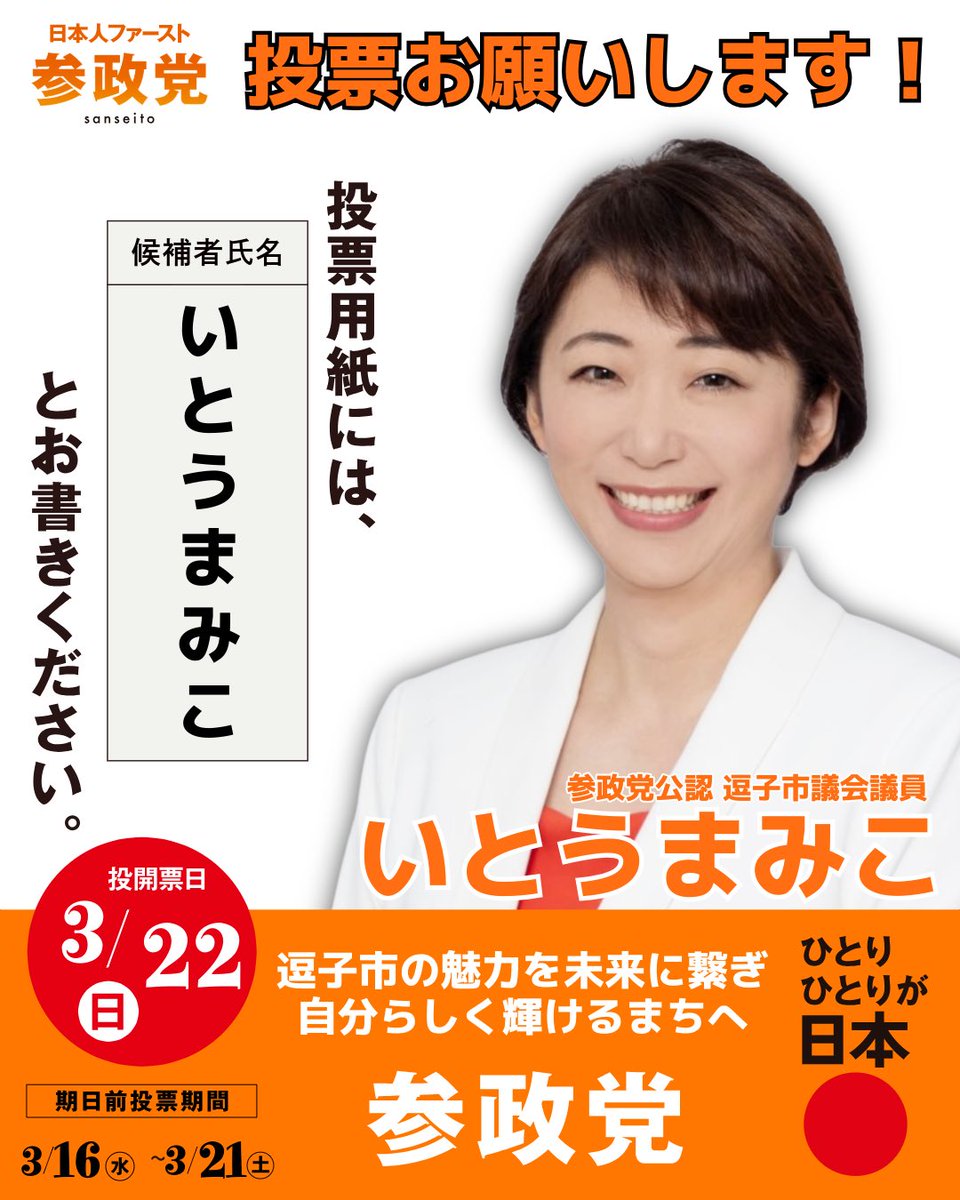hajikano_hiroki's tweet photo. 【逗子市議会議員選挙・いとうまみこ】

神奈川県・逗子市からは #参政党 公認の「いとうまみこ」が立候補しております。

どうか #いとうまみこ を市政へ❗️
皆様方のお力をお貸しください🙏 https://t.co/qD1IwjicS9