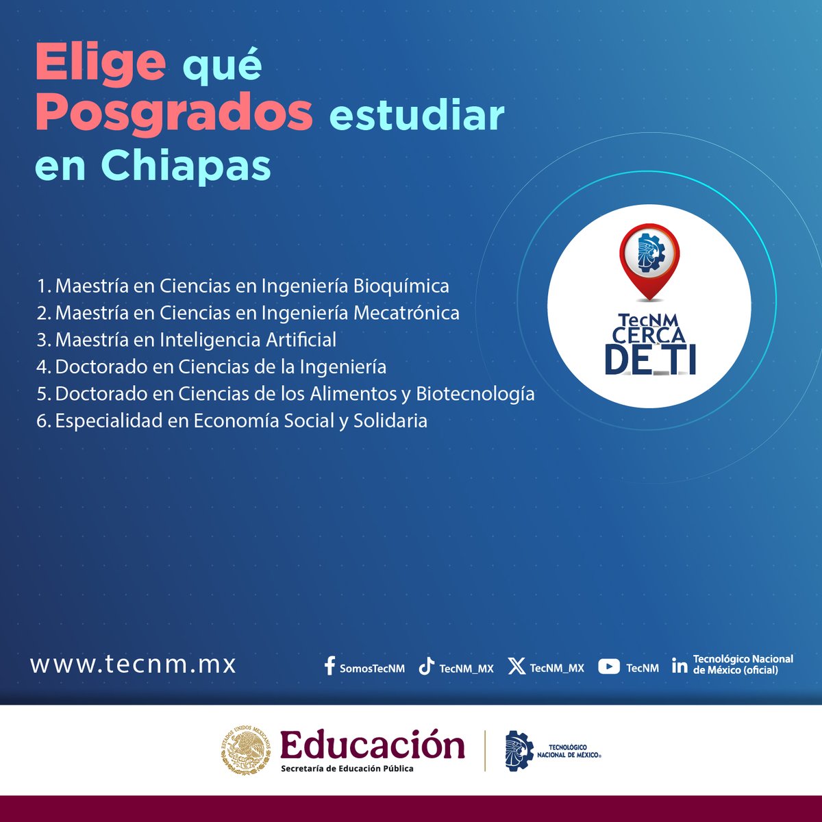 #TecNMCercaDeTi📍| En #Chiapas, el TecNM tiene un espacio para ti. Ubica tu Instituto Tecnológico más cercano y asegura tu lugar.
🎓 Elige tu carrera
🔗 Inicia tu proceso de admisión
AQUÍ 👉tecnm.mx/?vista=Admision
Súmate a la #ComunidadTecNM

#Admisión2026 #Carreras #Ingenierías