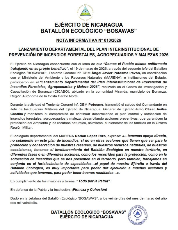 EjercitoNic's tweet photo. #NOTAINFORMATIVA | A través del Batallón Ecológico #BOSAWAS, en coordinación con el @MarenaNicaragua, se participó en el “Lanzamiento Departamental del Plan Interinstitucional de Prevención de Incendios Forestales, Agropecuarios y Maleza 2026”, en la comunidad Miranda, municipio de #Bonanza. #TodoPorLaPatria