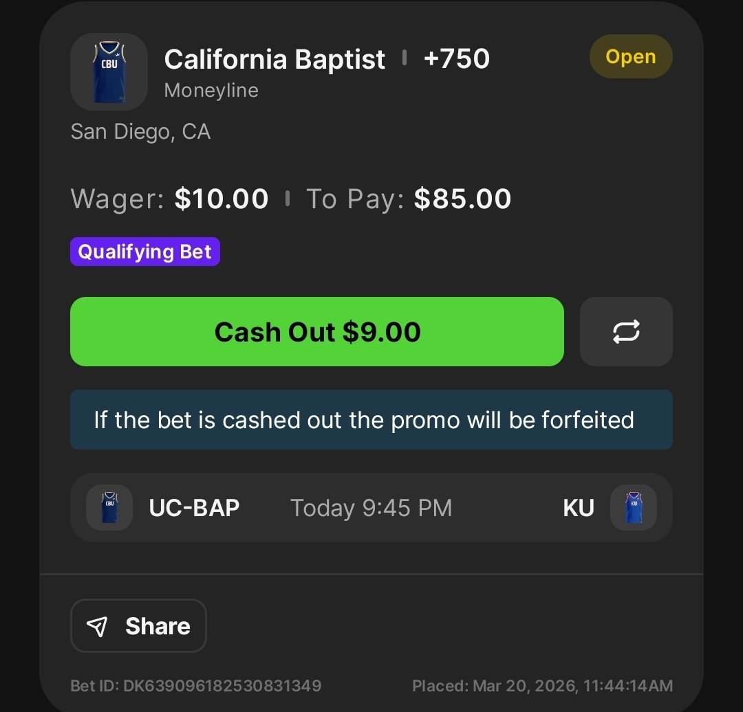 JPetree36's tweet photo. @DKSportsbook I told you on the DMs it's gonna be CBU... so far nobody else is doing it. It's a home game basically for them vs KU. Can't wait to see tomorrow's bonus bet! https://t.co/H4SSiFWE32