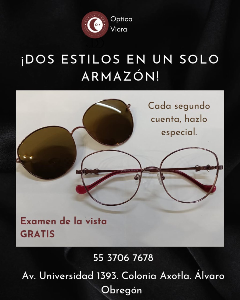 OpticaVicra's tweet image. ¡EL PODER DE LA VERSATILIDAD! 👓☀️
Pasa de la oficina al sol sin perder el estilo con nuestro sistema Clip-on. ¡Dos estilos en un solo armazón! ✨
✅ Examen GRATIS.
📍 Av. Universidad 1393.
📲 55 3706 7678.
#OpticaVicra #ClipOn #SaludVisual #CDMX