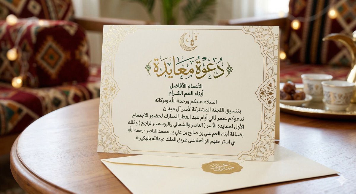 دعوة معايدة أسر آل ميدان في البكيرية 
بعد صلاة العصر مباشرة اليوم السبت
ثاني أيام عيد الفطر المبارك