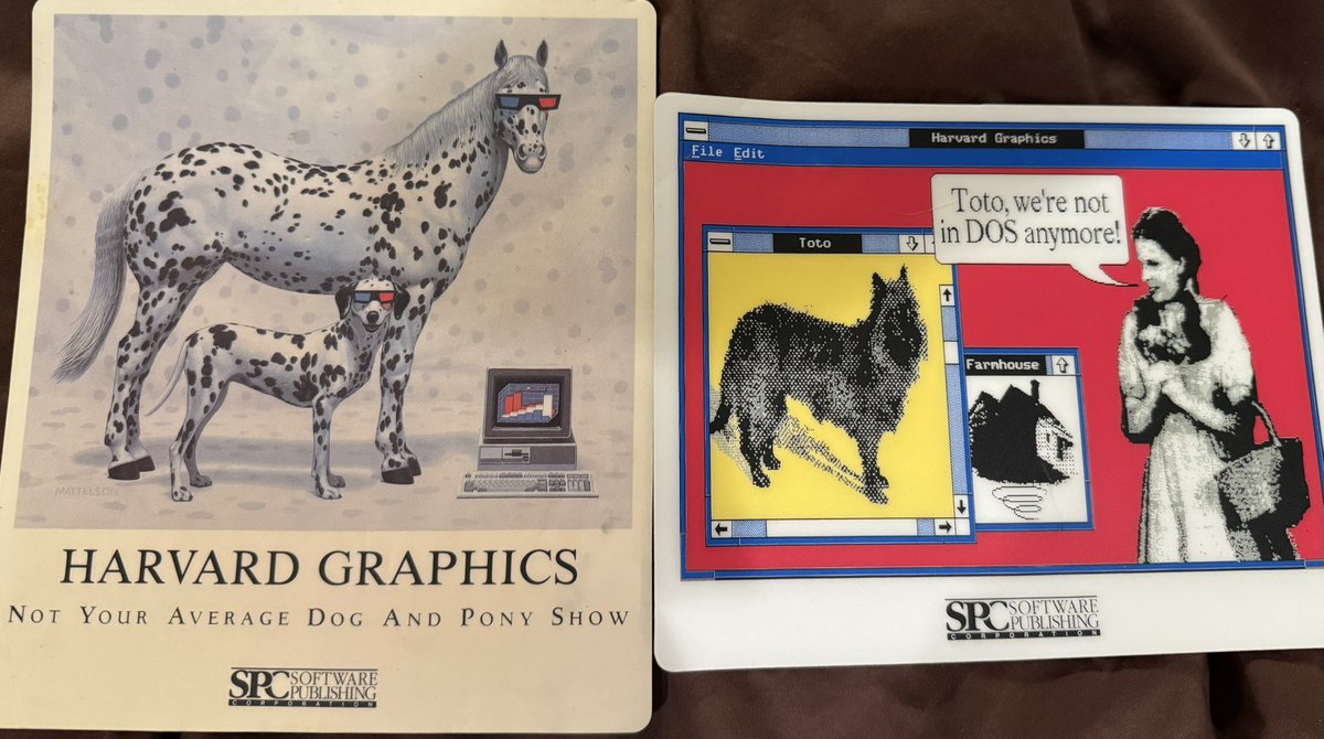 nancyblanchard's tweet image. I’m now dating myself. I keep great swag around because of it’s creative marketing &amp;amp; just found these with my son asking “what is a mouse pad?”. SPC was big back in the day with Harvard Graphics. Exciting times moving from a DOS environment to the colorful Windows era. #AVTweeps