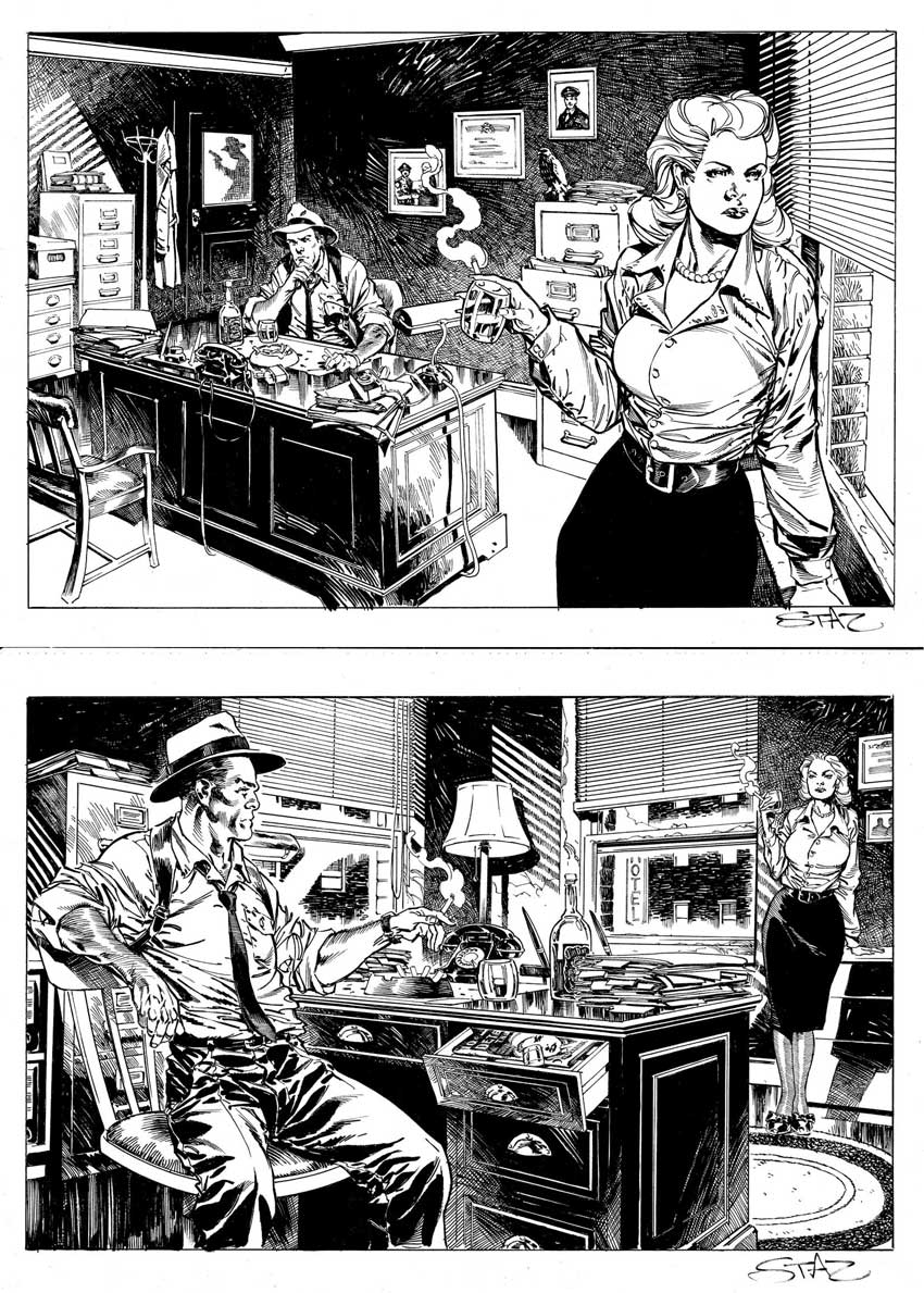 StazJohnson's tweet photo. Recently, I posted these two noir detective style commissions. Here's some of the preparatory work that went into them. https://t.co/rqB8u3c84G