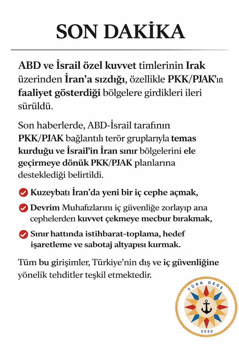 #SONDAKİKA 
‼️ ABD ve İsrail özel kuvvetlerden oluşturulmuş seçilmiş timlerinin Irak üzerinden İran 'a girdikleri, 

Özellikle PKK/PJAK’ım bulunduğu bölgelere girdiklerine dair çeşitli
mecralardan bilgiler gelmektedir.

Son günlerde çıkan haberlerde, ABD-İsrail tarafının İran’da