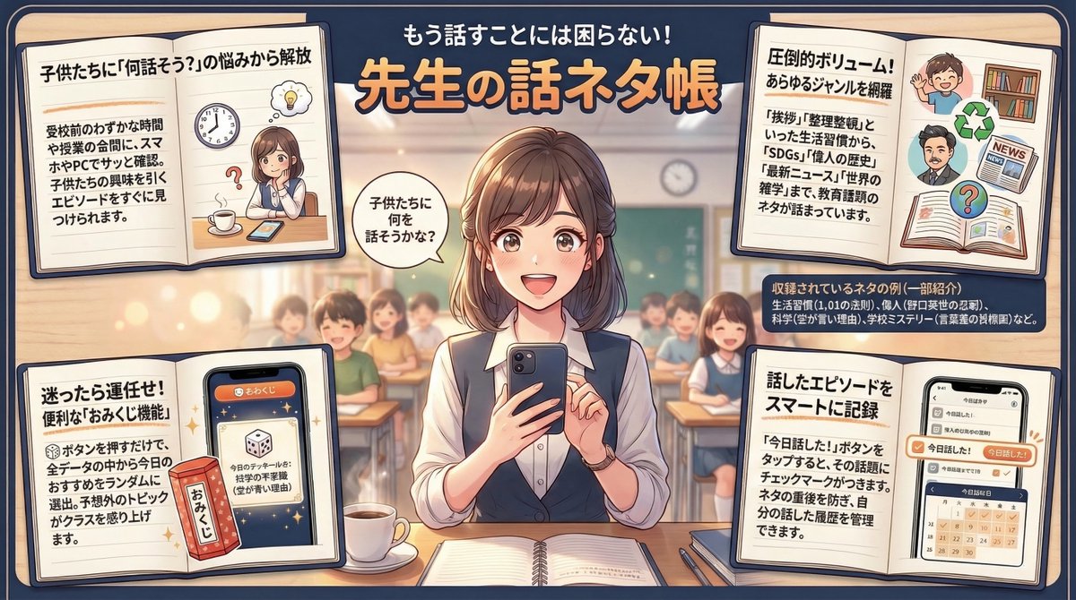 rohimotoiwaka's tweet photo. 朝の会、帰りの会、スキマ時間。 先生の「今日何話そう…」という悩みを一瞬で消し去るアプリを配布します。

とっておきのネタ帳『ほっこり。先生の話ネタ集』です。
👇アプリの機能 
✅ 全800話収録で、毎日が新しい発見 
✅ 「偉人」「雑学」から「心温まる話」まで 
✅ 今日のワクワクを運ぶ「🎲 おみくじ」機能 
✅ 「今日話した！」ボタンで思い出を記録
これ一つあれば、もう1年間のネタ切れの心配はありません。

使ってみたい先生は… 
1️⃣ フォロー 
2️⃣ この投稿をいいね 
3️⃣ この投稿をリポスト 
完了後、DMにて「先生の話ネタ帳」と送ってください。#先生の日常 #学級経営 #朝の会 #帰りの会 #ポジティブ教育 #教員 #話のネタ #プレゼント企画