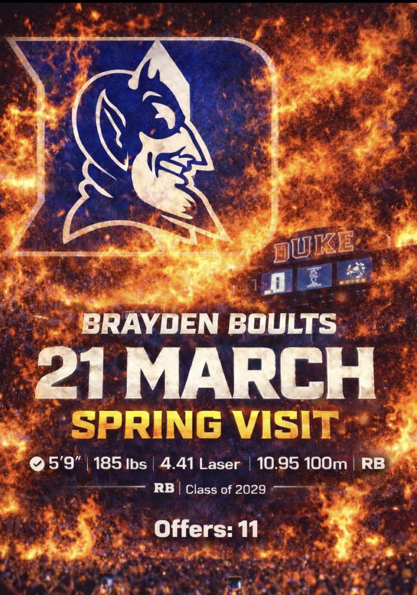 BraydenBoults's tweet image. I will be visiting @DukeFOOTBALL spending time around the program.

@CoachFree1906 looking forward to getting on campus. 

#TrackSpeedFootballFrame
#RBProspect #ClassOf2029

@coachbenzel @coach_gator
@CoachHGregg @CoachMaxNorton @jaredreidDuke @Coach_JWatts
 @Coach_MannyDiaz