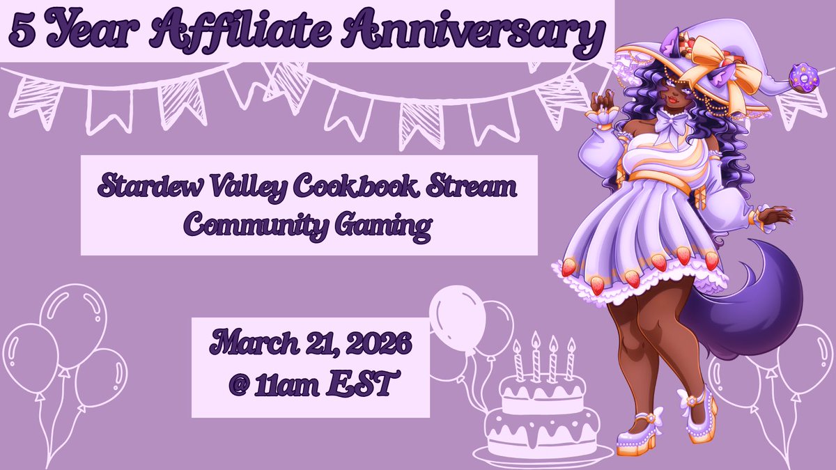 Good evening! Normally I would be streaming now but I am in a lot of active pain that I can not get out of bed! I am hoping to see everyone tomorrow for my affiliated anniversary stream. We are no longer doing the stardew valley cook book but a delicious spread!!!