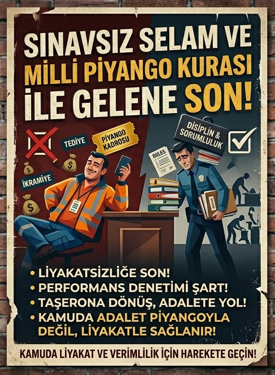 Sınavsız selamla ve Milli Piyango kurasıyla kadroya doluşup, tediye ve ikramiyelerle şımaranların devri kapanmalıdır. Memur kapı kulu gibi çalıştırılıp  ezilirken, bu kitleyi hak ettikleri taşeron sisteme geri göndermektir sağlanan sınırsız haklar şımarıklığa çevrilmiştir.