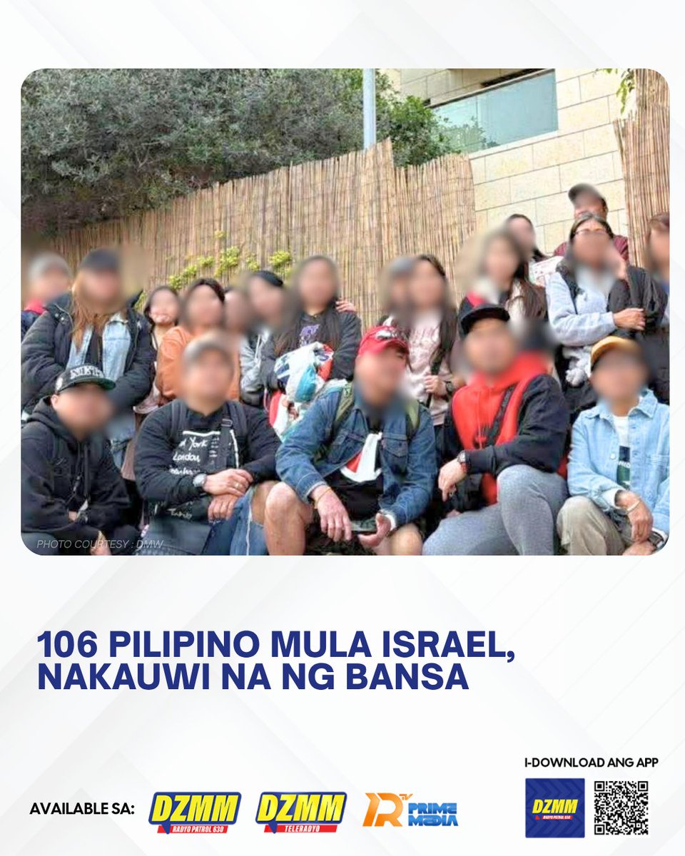 Radyo630's tweet image. Kinumpirma ni Philippine Ambassador to Israel Aileen Mendiola na matagumpay na nakabalik sa Pilipinas ang 106 na mga Pilipino mula sa Israel.

#Israel #Repatriated #PH #DZMMRadyoPatrol630