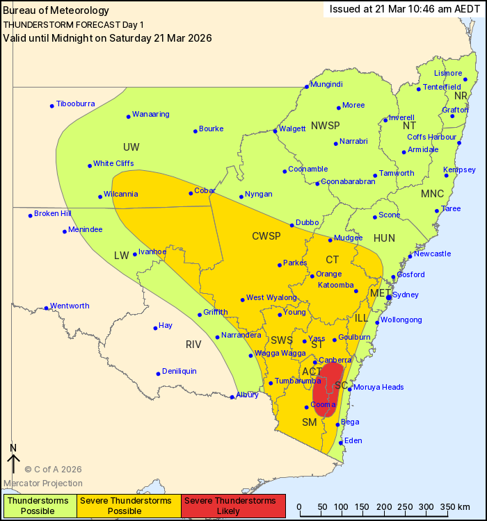 ⛈️Saturday's thunderstorm forecast (21/3):
🟢Non-severe thunderstorms possible across most of #NewSouthWales.
🟡Severe thunderstorms possible central and southeastern areas,
🔴more likely in the southeast.
Main risk: heavy rainfall.
ow.ly/ZlUb50Yx6gm