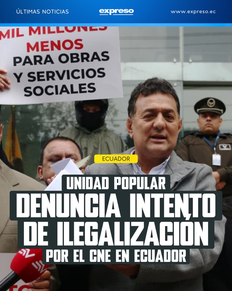 Unidad Popular denunció un intento de ilegalización ante el CNE, que atribuye a la influencia del Gobierno de Daniel Noboa, calificándolo de acción “autoritaria” contra opositores.

Lee más 👉 bit.ly/41khUm6