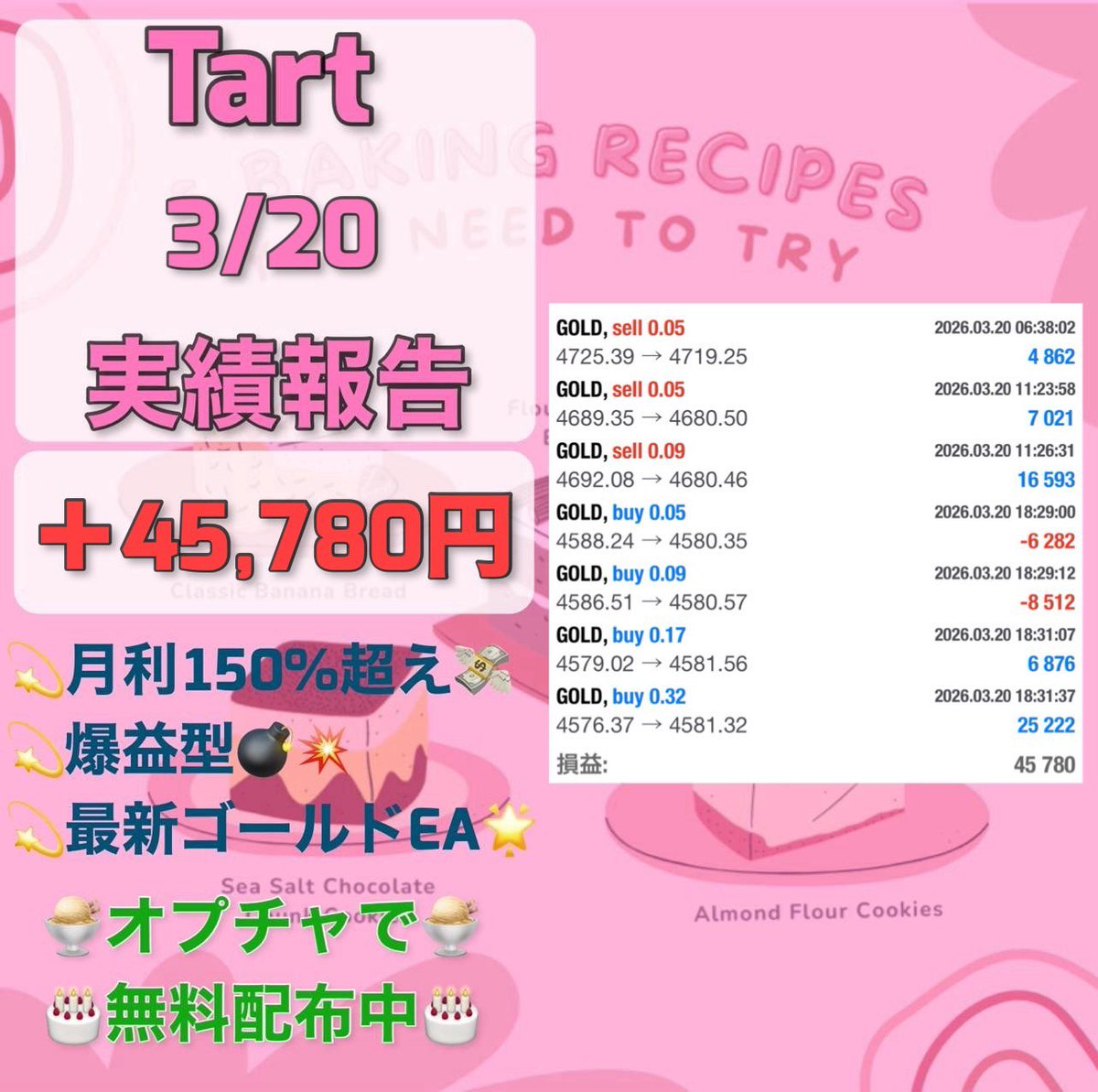 eaeaea1000's tweet photo. 3月20日収支

FX自動売買
🍰Tart🍰
＋45,780円(日利4.5%)

🧁爆益型
✅厳選エントリー即利確
✅東京時間だけで高利益
想定月利150%

無料EA受取オプチャ👇
https://t.co/mkzWWTP4gW
ad 副業 副収入 不労所得 在宅ワーク https://t.co/9S8qjjEWKv