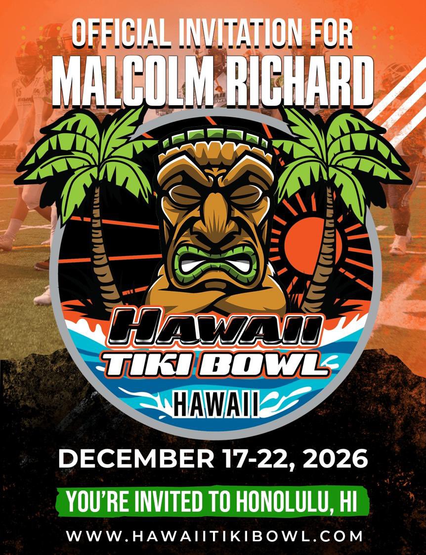 MalcolmRich409's tweet photo. Thank you so much for the invitation @HawaiiTikiBowl @FillippSAU can't wait to showcase myself!!
@COACHPATROB 
@coachCoutten 
@CoachWaltMoham 
#grateful #classof2027 #bowlgame https://t.co/O5zbT5FXwp