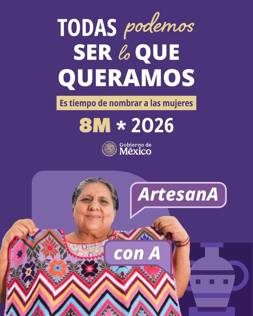 imcine's tweet photo. Nombrarnos es reconocernos y es por eso que junto a @mujeresgobmx retomamos el llamado de la Presidenta Claudia Sheinbaum a nombrar #ConA todas las profesiones. Porque sólo lo que se nombra, existe. Todas podemos #SerLoQueQueramos
#8M2026 #ArtesanA https://t.co/xRk4WKgRNA