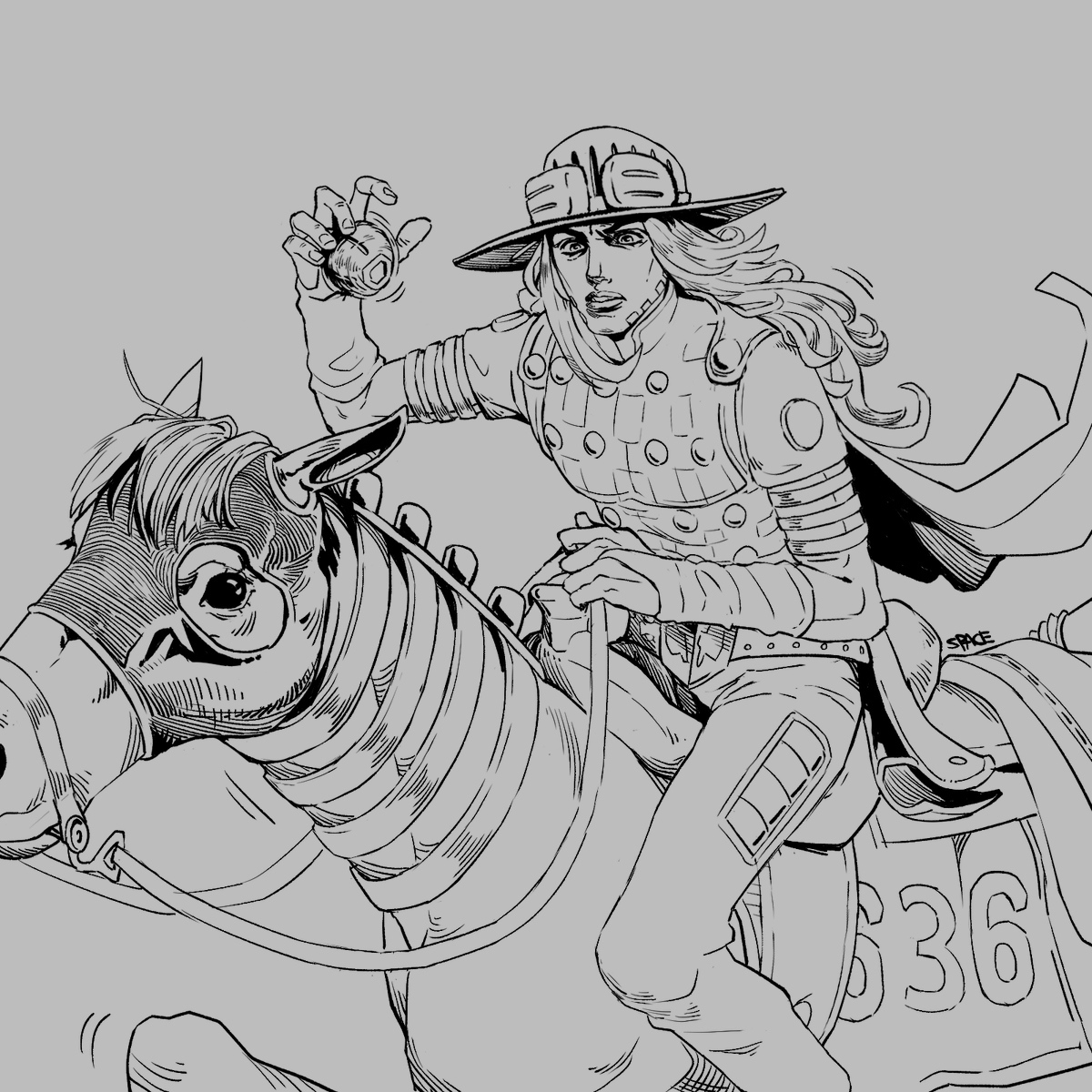 spacezehuman's tweet photo. march hotel drawing #17 and #18 
(was working on it for 2 days)  

yesterday I watched the first SBR episode and felt inspired!  

#sbrhype #SteelBallRun #sketch #illustration https://t.co/mpFXpZjKW3