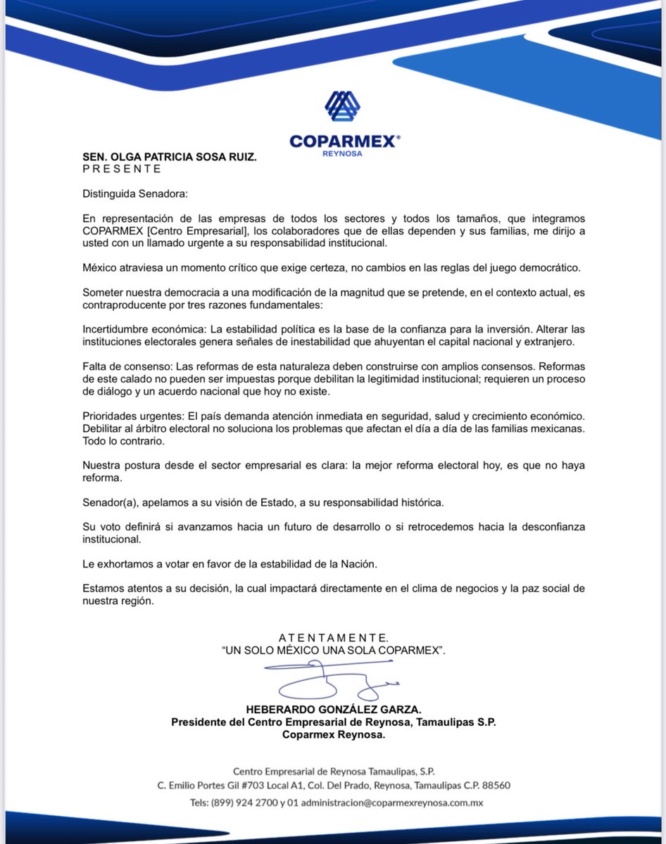 🔵Senadora <a href="/olgapsosa/">Olga Sosa</a>: La mejor #ReformaElectoral es que no haya reforma. 
Empresas, colaboradores y miles de familias necesitan seguridad, certeza jurídica para la inversión y enfoque en las verdaderas prioridades del país.
#PlanB
<a href="/Coparmex/">Coparmex Nacional</a> 
<a href="/jsierraalvarez/">Juan José Sierra</a> 
<a href="/HeberardoConH/">Heberardo González G.</a>