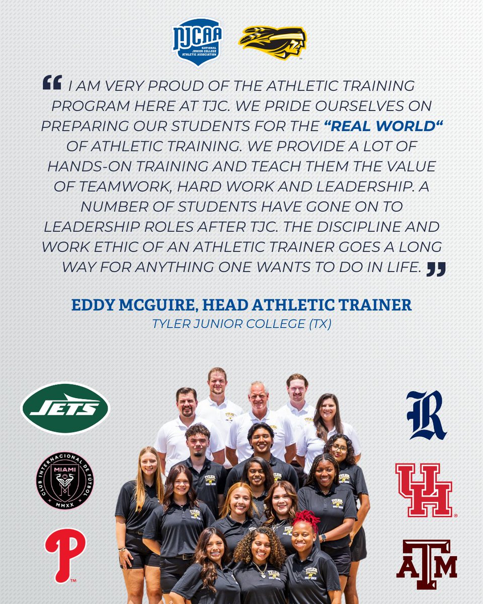 NJCAA's tweet image. #NATM Spotlight!

2023 #NJCAA Athletic Trainer of the Year, presented by Bob McCloskey Insurance, Eddy McGuire of @ApacheAthletics, talks about the impact of the athletic training program @TylerJrCollege has on shaping their former students careers and lives.

#NATM2026