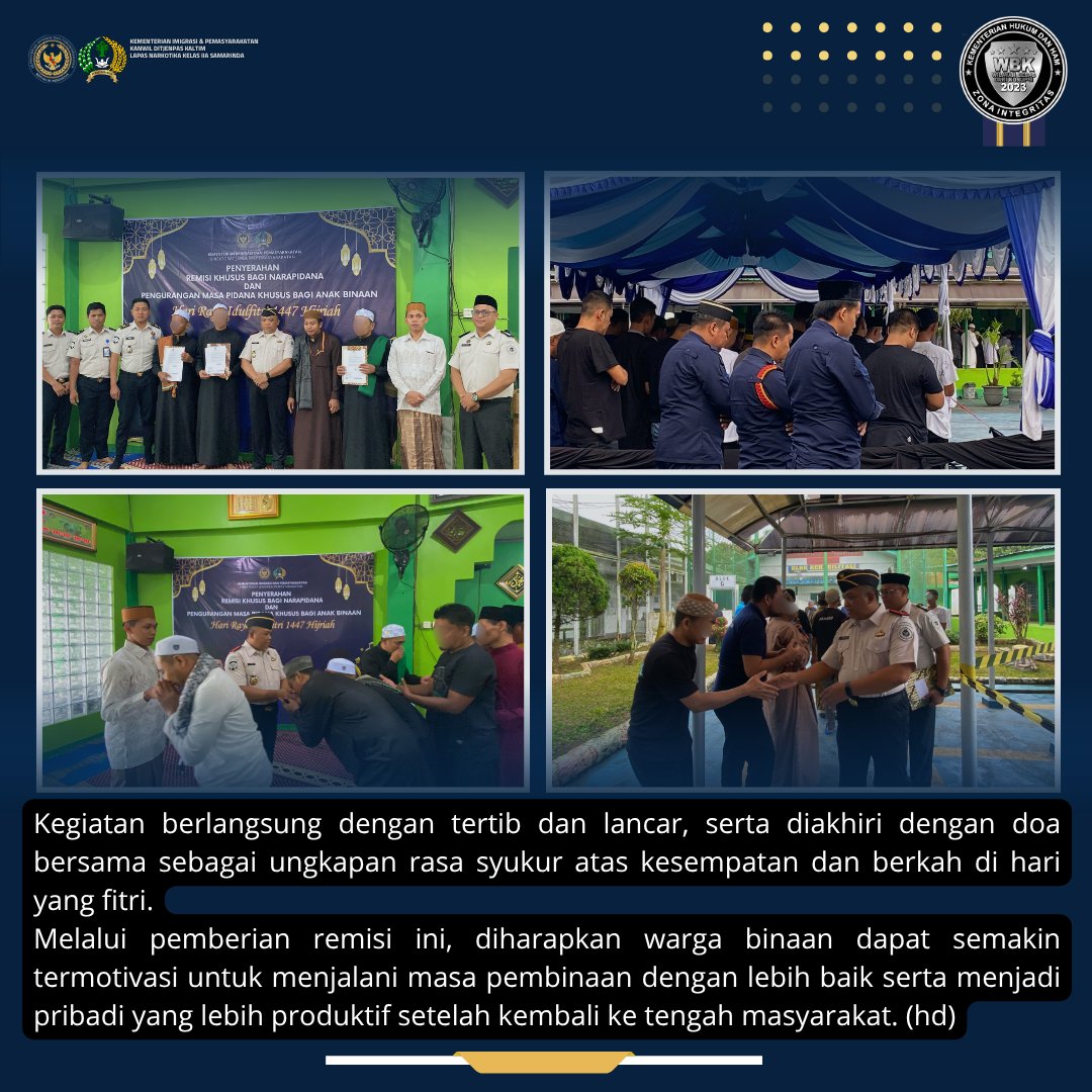 lpnarkotika_smd's tweet image. Momentum Idul Fitri, Ratusan WBP Lapas Narkotika Samarinda Dapatkan Remisi. Sabtu (21/3)
(hd)
#kemenimipas
#guardandguide
#infoimipas
#pemasyarakatan