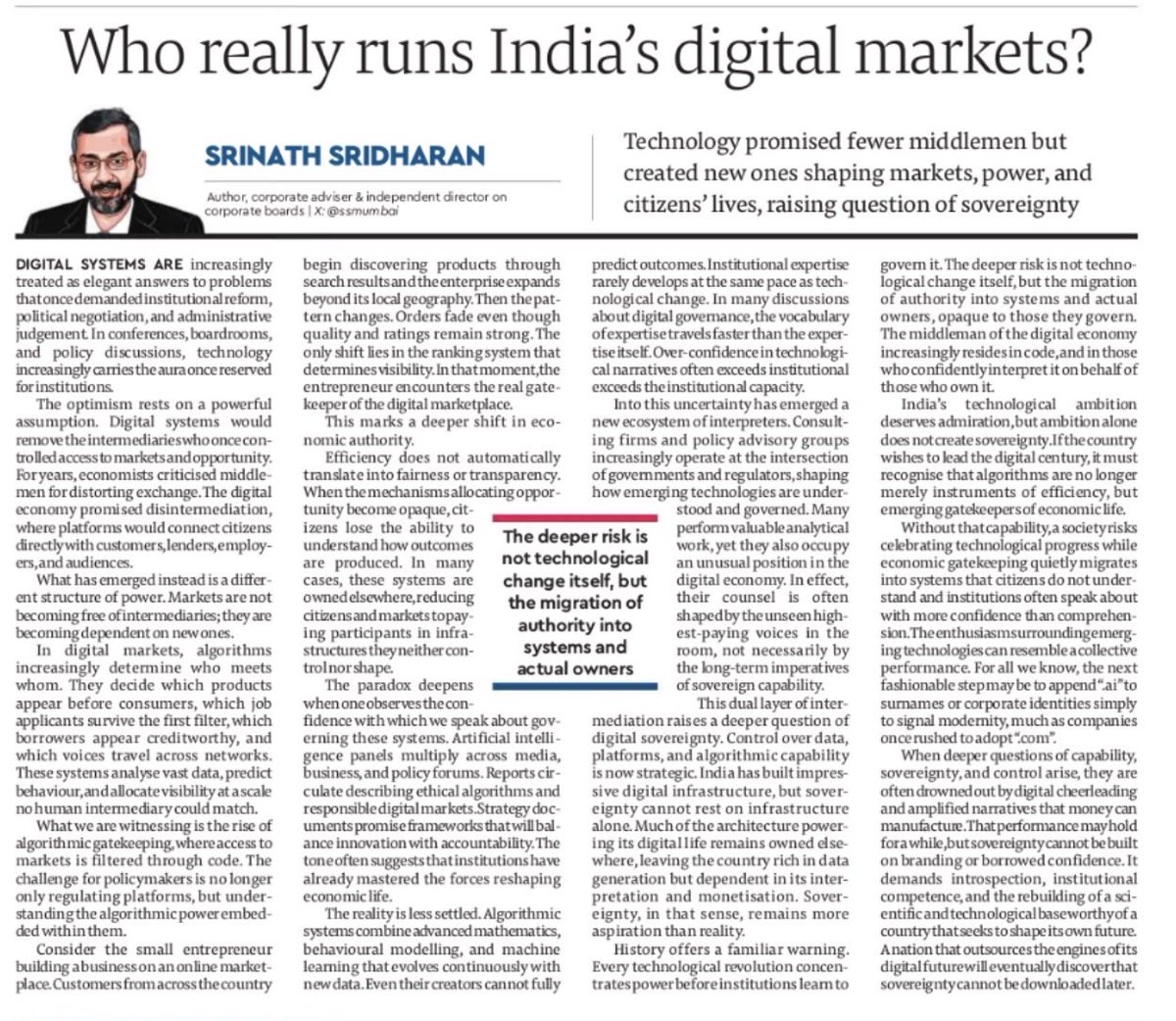 ssmumbai's tweet image. My @FinancialExpress column

India’s #DigitalEconomy hasn’t removed middlemen - it has replaced them with #Algorithms and #experts few understand, even as #digitalsovereignty needs to be built.

financialexpress.com/opinion/who-re…